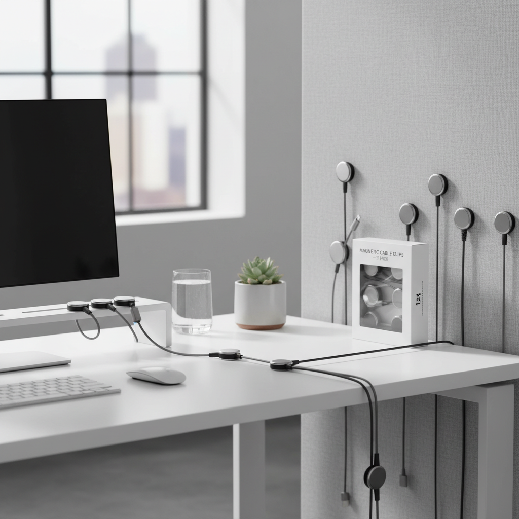 Magnetic cable clips organizing charging cables on a modern desk