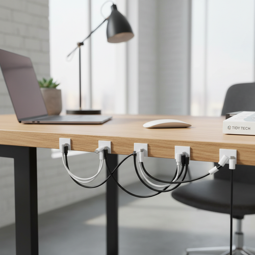 Small adhesive cable management clips organizing USB and charging cables along a desk edge