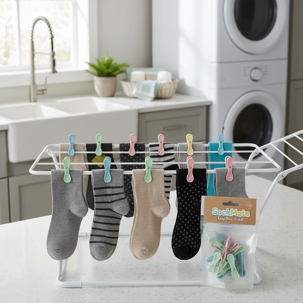 Small plastic clips keeping pairs of socks together on a drying rack in a laundry room