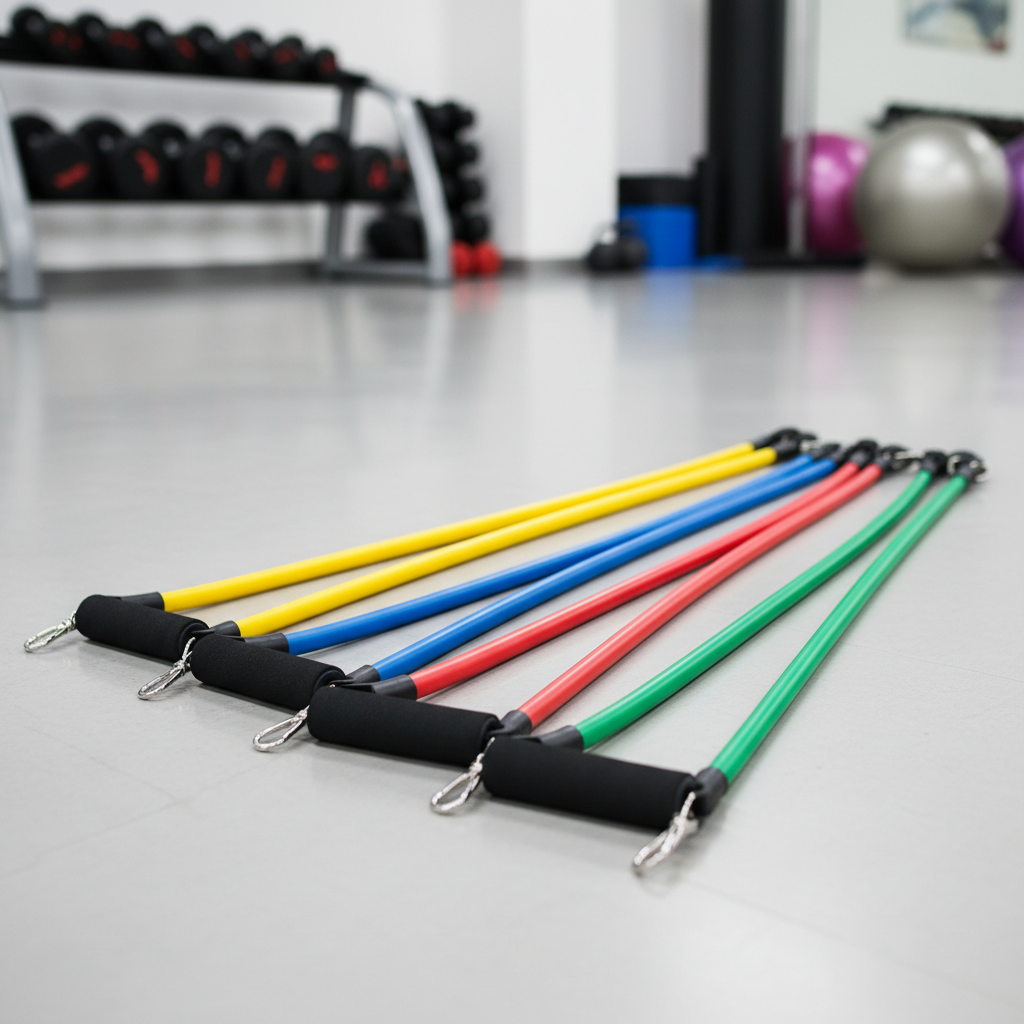 Four colorful resistance tubes with handles laid out on a gym floor