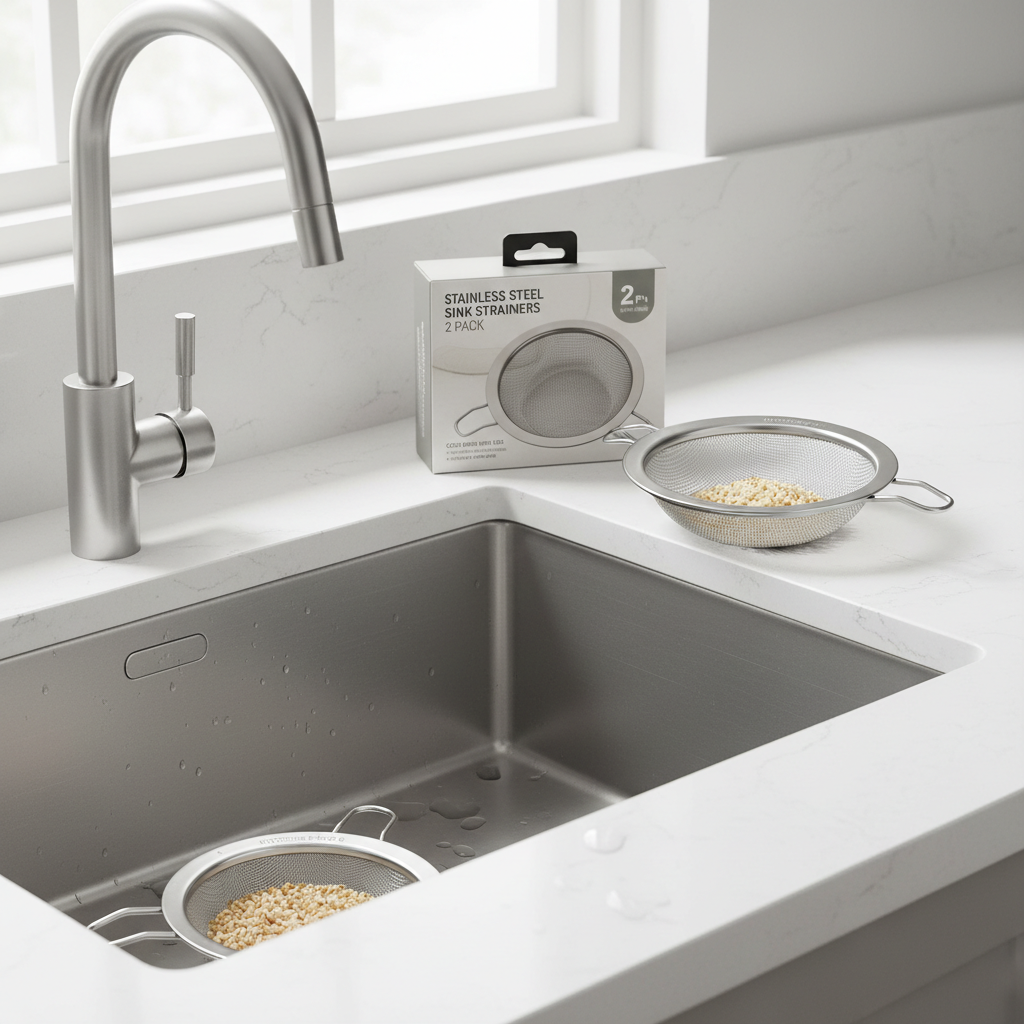 Stainless steel mesh sink strainers catching food debris in a modern kitchen sink