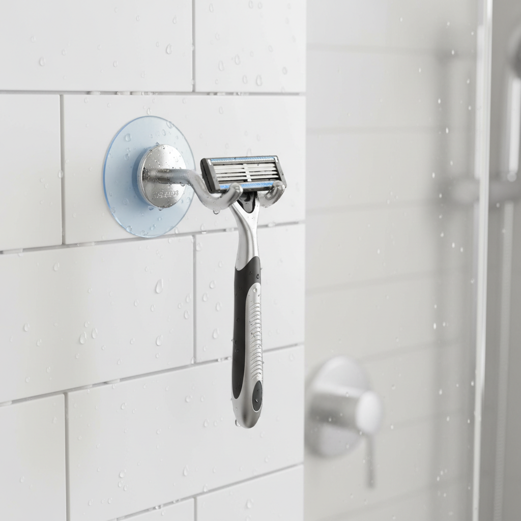 Suction cup hook holding a razor on a clean shower wall in a modern bathroom