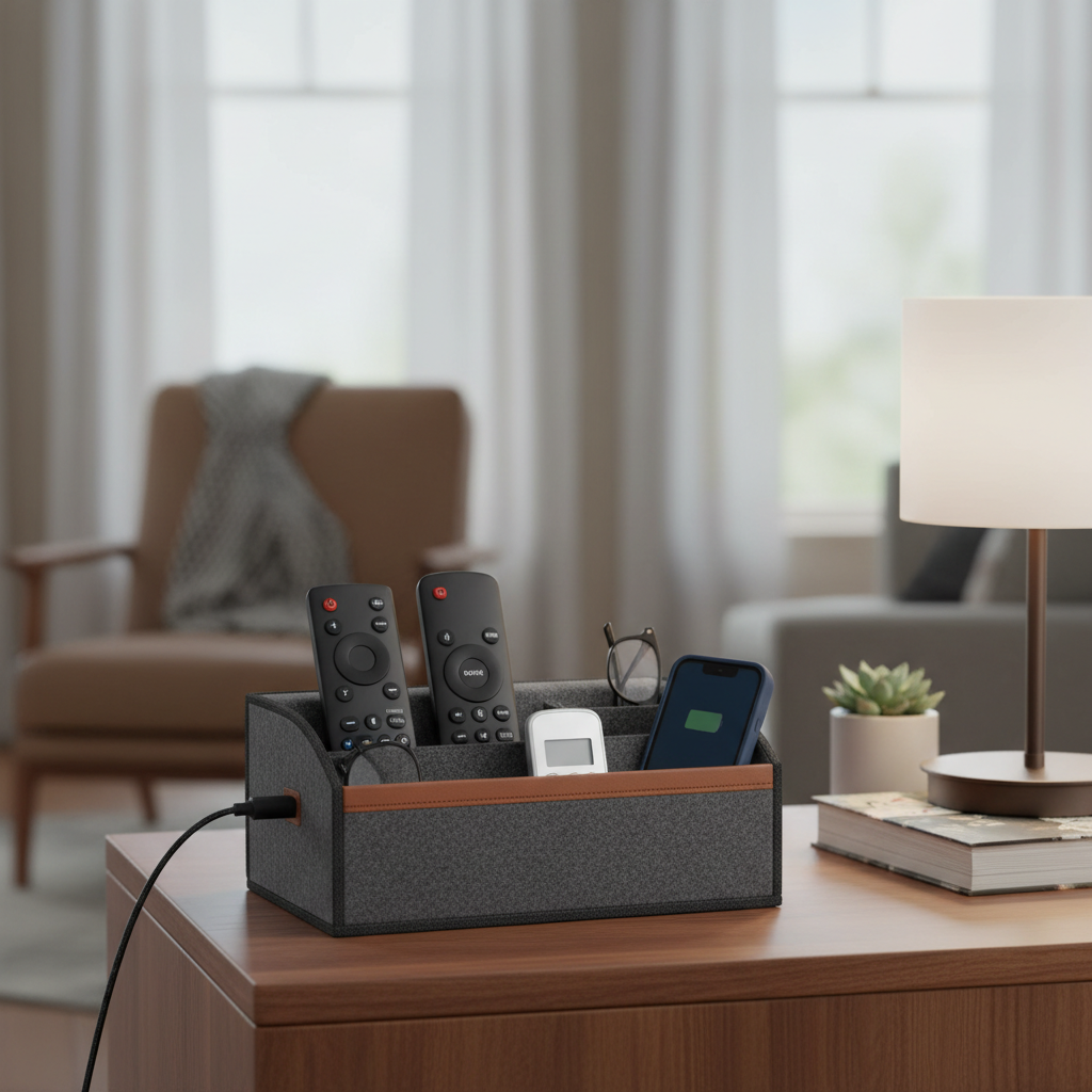 Bedside caddy holding TV remotes and phone on a nightstand
