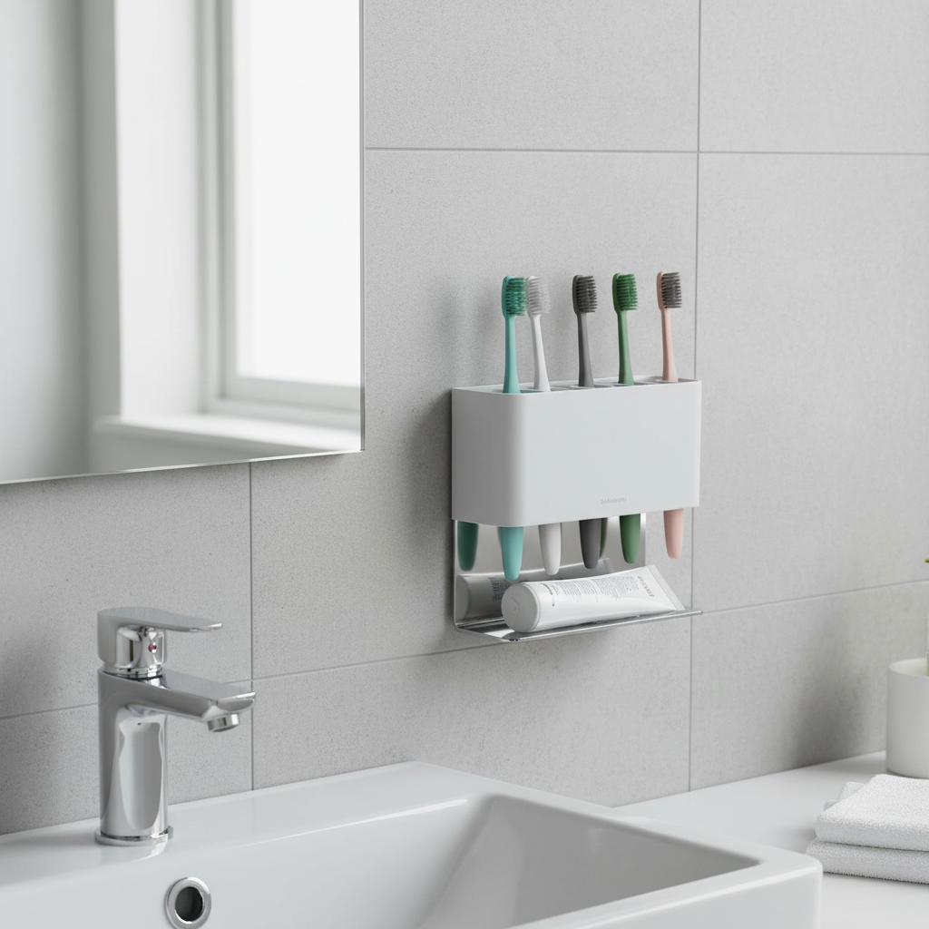 Wall-mounted toothbrush holder with multiple toothbrushes in a clean modern bathroom